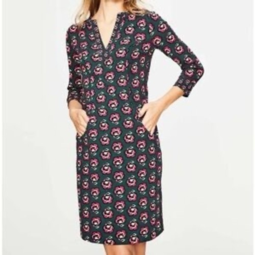 Boden 2R Floral Dress Green Pink Stretch Jersey 3/4 Sleeve V Neck Casual Work